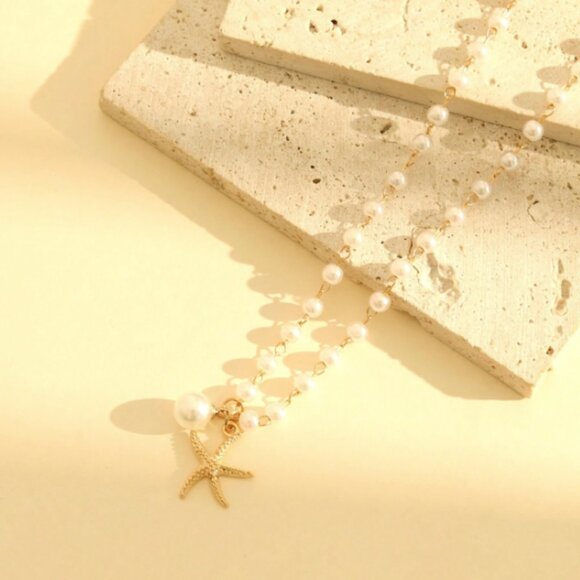 Bimini Beachwear Gold Starfish & Pearl Beaded Necklace – Coastal Beach Jewelry - Picture 2 of 3